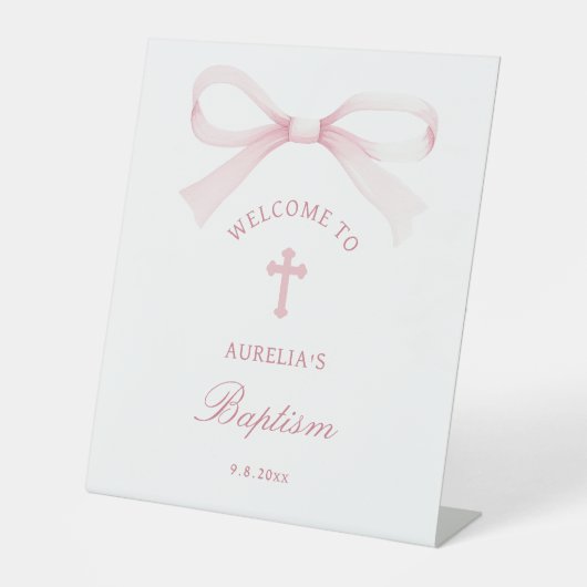 Watercolor Pink Bow Baptism Welcome Sockelschild (Vorderseite)