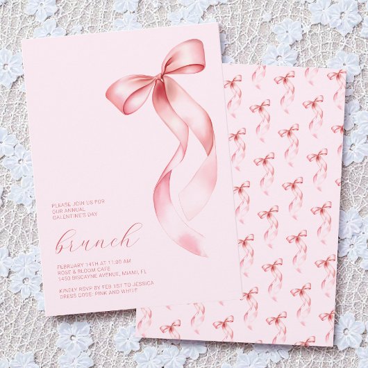 Watercolor Pink Bow Chic Galentine’s Day Brunch Einladung
