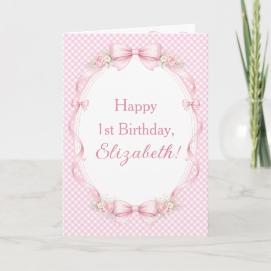 Watercolor Pink Bow Coquette 1st Birthday Greeting Karte (Vorderseite)