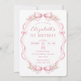 Watercolor Pink Bow First Birthday Invitation Einladung