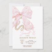 Watercolor Pink Bow Pearls Dots Sweet 16 Einladung (Vorderseite)