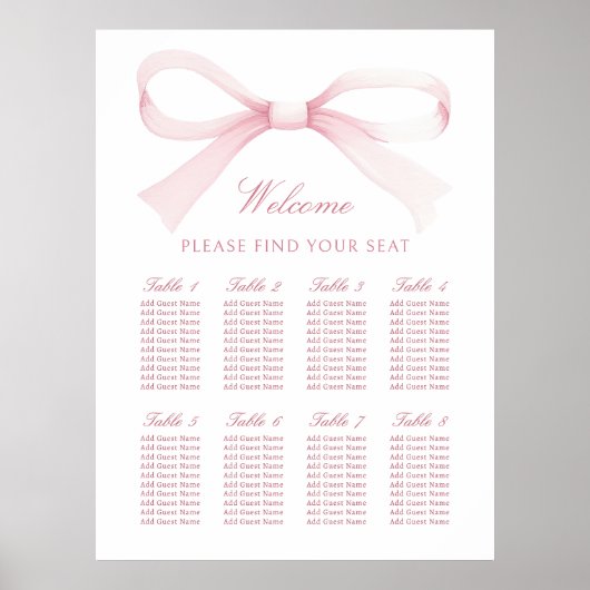 Watercolor Pink Bow Seating Chart Poster (Vorne)
