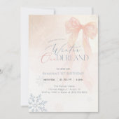 Watercolor Pink Bow Winter Onederland 1st Birthday Einladung (Vorderseite)