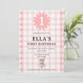 Watercolor Pink Check Bunny Birthday Invitation Einladung (Stehend Vorderseite)