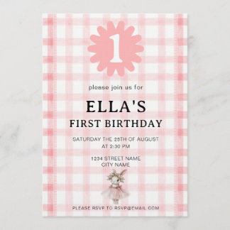 Watercolor Pink Check Bunny Birthday Invitation Einladung