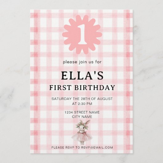 Watercolor Pink Check Bunny Birthday Invitation Einladung (Vorderseite)