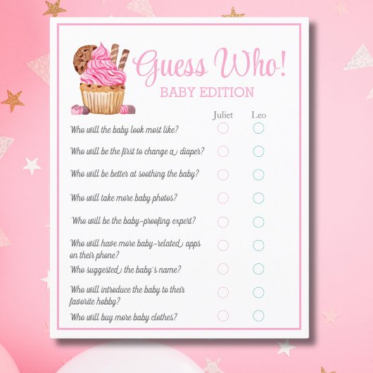Watercolor Pink Cupcake Guess Who Baby Flyer