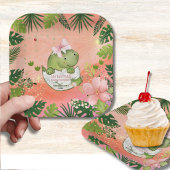 Watercolor Pink Dino Tropical Baby Shower Pappteller