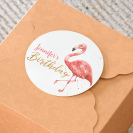 Watercolor Pink Flamingo Gold Geburtstag | Runder Aufkleber