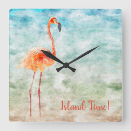 Watercolor Pink Flamingo Tropical Island Time Quadratische Wanduhr