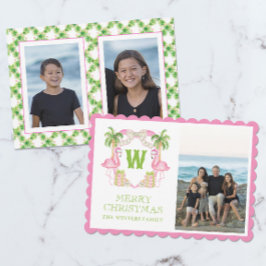 Watercolor Pink Flamingo Weihnachts Monogram Wappe Feiertagskarte