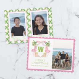 Watercolor Pink Flamingo Weihnachts Monogram Wappe Feiertagskarte