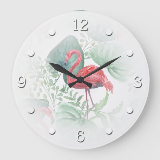 Watercolor Pink flamingos and leaves. Große Wanduhr (Vorderseite)