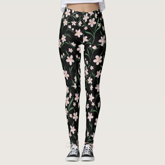 Watercolor Pink Floral Botanisches Schwarzes Muste Leggings (Vorderseite)