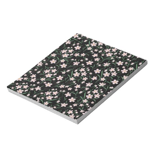 Watercolor Pink Floral Botanisches Schwarzes Muste Notizblock (Rotiert)