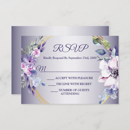 Watercolor Pink Floral Geometric Golden Purple RSVP Karte (Vorne/Hinten)