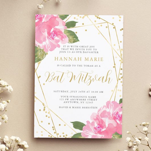 Watercolor Pink Floral Gold Bat Mitzvah Einladung