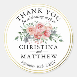 Watercolor Pink Floral Gold Hochzeit Vielen Dank Runder Aufkleber
