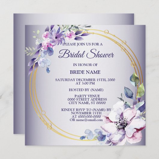 Watercolor Pink Floral Golden Purple Bridal Shower Einladung (Vorne/Hinten)