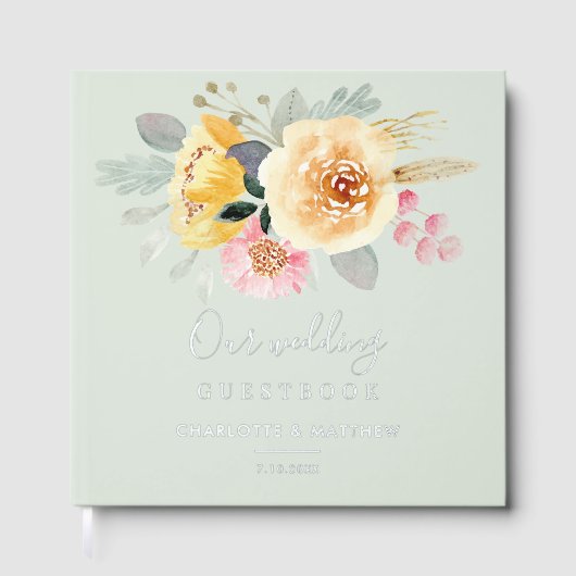 Watercolor Pink Floral Script Wedding Silver Gästebuch (Vorderseite)