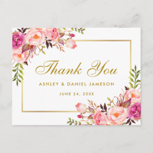 Watercolor Pink Floral Wedding Gold Vielen Dank Postkarte