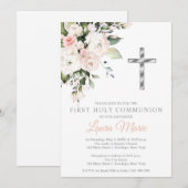 Watercolor Pink Florals First Holy Communion Einladung (Vorne/Hinten)