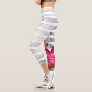 Watercolor Pink Flower in Black and White Stripe Capri Leggings