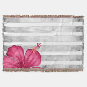 Watercolor Pink Flower in Black and White Stripe Decke
