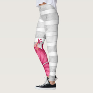 Watercolor Pink Flower in Black and White Stripe Leggings