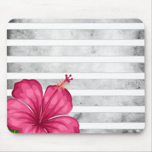 Watercolor Pink Flower in Black and White Stripe Mousepad