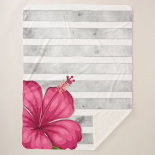 Watercolor Pink Flower in Black and White Stripe Sherpadecke