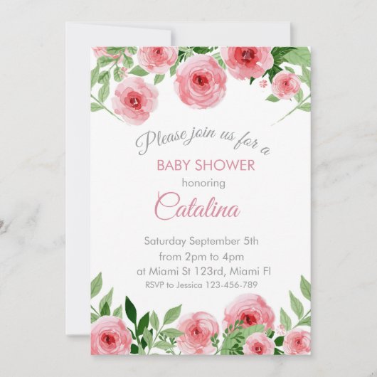 Watercolor Pink Flowers Baby Shower Invitation Einladung (Vorderseite)