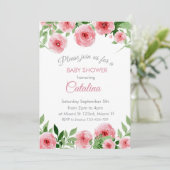 Watercolor Pink Flowers Baby Shower Invitation Einladung (Stehend Vorderseite)