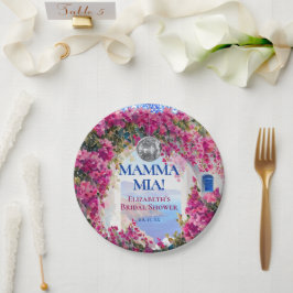 Watercolor Pink Flowers Blue Tiles Disco Ball Pappteller