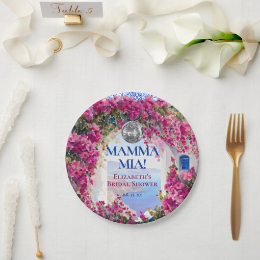 Watercolor Pink Flowers Blue Tiles Disco Ball Pappteller (Hochzeit)