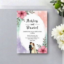 Watercolor Pink Flowers Couple Boho Summer Wedding Einladung