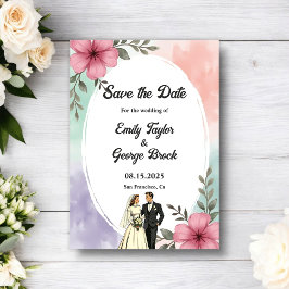 Watercolor Pink Flowers Couple Boho Summer Wedding Save The Date