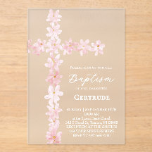 watercolor pink flowers cross Baptism Invitation