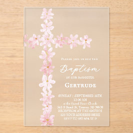 watercolor pink flowers cross Baptism Invitation Acryleinladungen