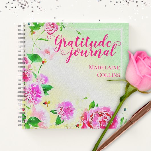 Watercolor Pink Flowers On Green Gratitude Journal Notizblock