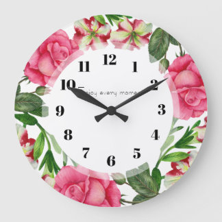 Watercolor Pink Flowers Wreath Circle Große Wanduhr