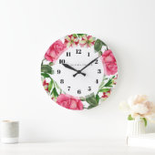 Watercolor Pink Flowers Wreath Circle Große Wanduhr (Zuhause)