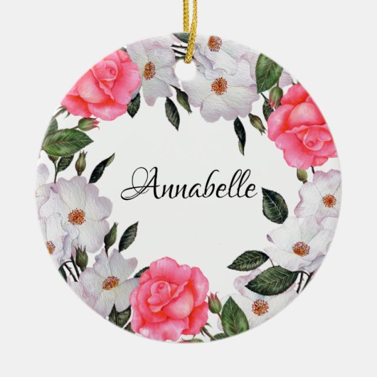 Watercolor Pink Flowers Wreath Circle Keramik Ornament (Vorne)