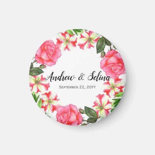 Watercolor Pink Flowers Wreath Circle Magnet (Vorne)