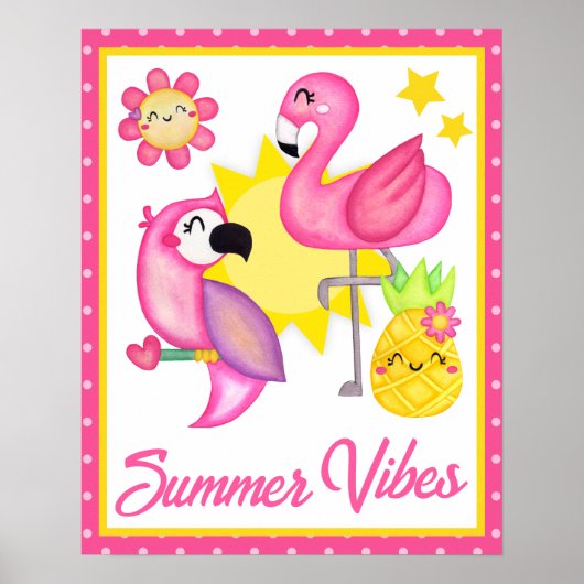 Watercolor Pink & Gelb Tropische Vögel Sommer Poster (Vorne)