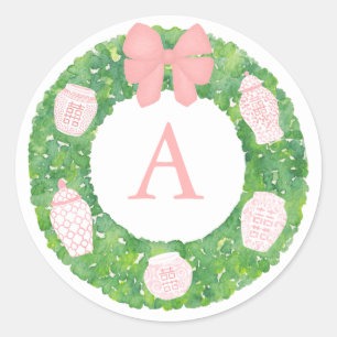 Watercolor Pink Ginger Jar Boxwood Wreath Monogram Runder Aufkleber