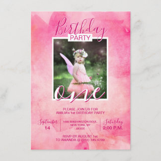 Watercolor Pink Girl BIRTHDAY Party 1. Einladung