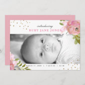 Watercolor Pink Gold Glitzer Geburtserklärung Ankündigung (Vorne/Hinten)