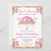 Watercolor Pink Gold Spring Umbrett Kindergeburtst Einladung (Vorderseite)