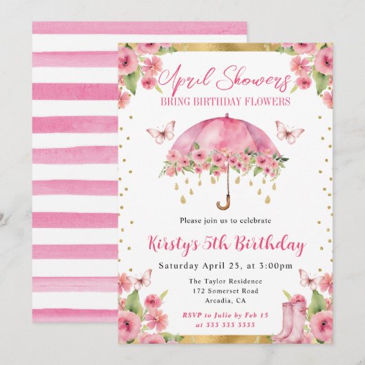 Watercolor Pink Gold Spring Umbrett Kindergeburtst Einladung (Vorne/Hinten)